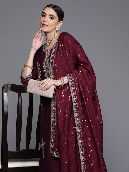 Indo Era Wine Embroidered Ethnic Straight Kurta Trouser With Dupatta Set