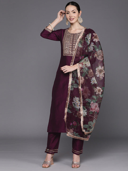 Indo Era wine Floral Yoke Design Regular Chanderi Silk Kurta with Trousers & Dupatta