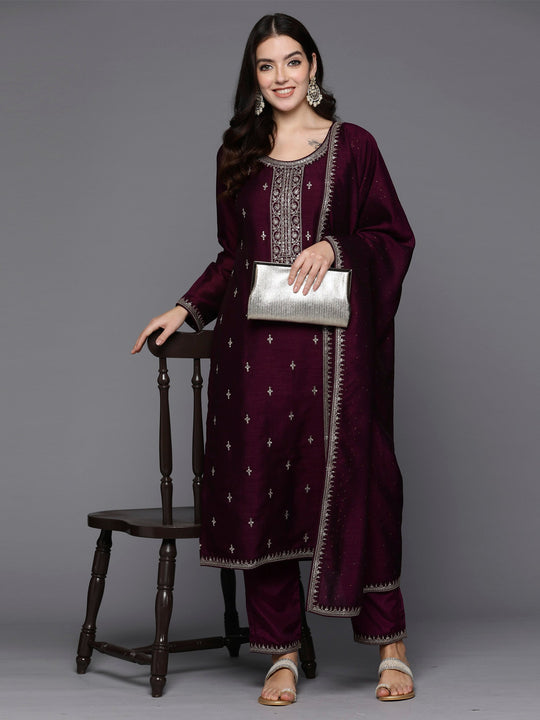 Indo Era Burgundy Embroidered Straight Kurta Trousers With Dupatta Set