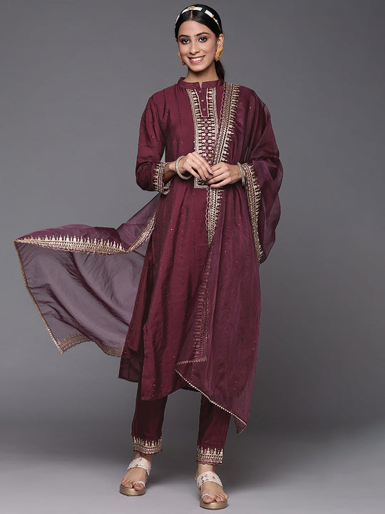 Indo Era Burgundy Embroidered Straight Kurta Trousers With Dupatta Set