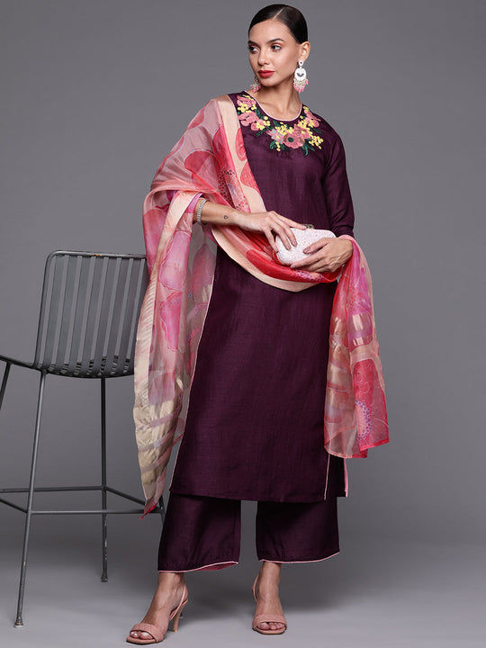 Indo Era Wine Embroidered Straight Kurta Palazzo With Dupatta Set