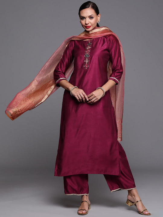 Indo Era Wine Solid Straight Kurta Trouser With Dupatta Set