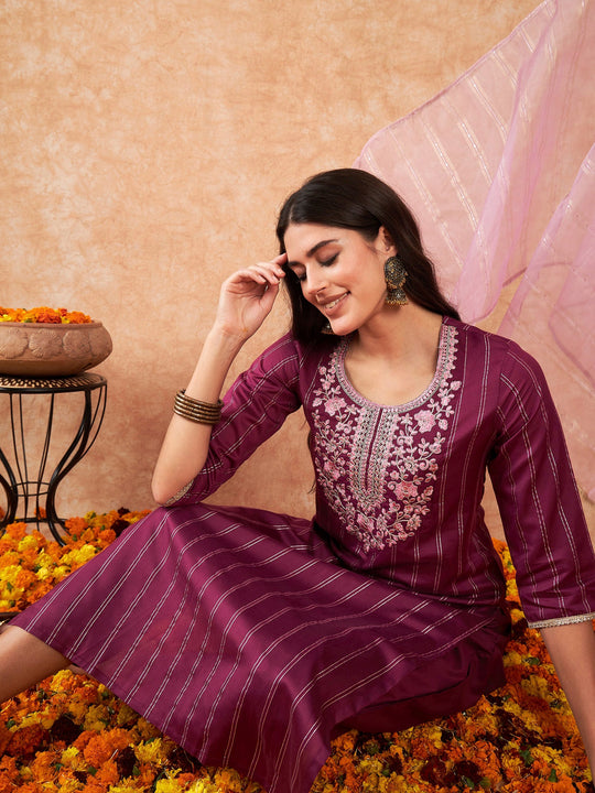 Indo Era Burgundy Embroidered Straight Kurta Trousers With Dupatta Set