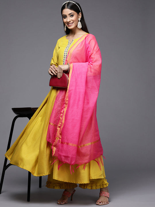 Indo Era Yellow Solid Aline Flaired Kurta Palazzos With Dupatta Set