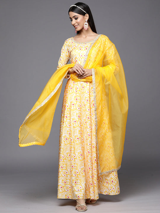 Indo Era Kesariya Yellow Printed A-Line Kurta Trouser With Dupatta Set