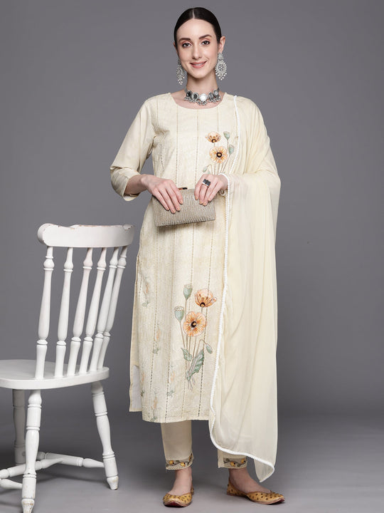 Indo Era Yellow Embroidered Straight Kurta Trousers With Dupatta Set