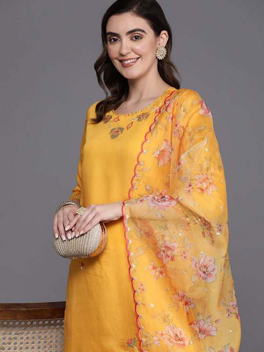Indo Era Yellow Embroidered Straight Kurta Trousers With Dupatta Set