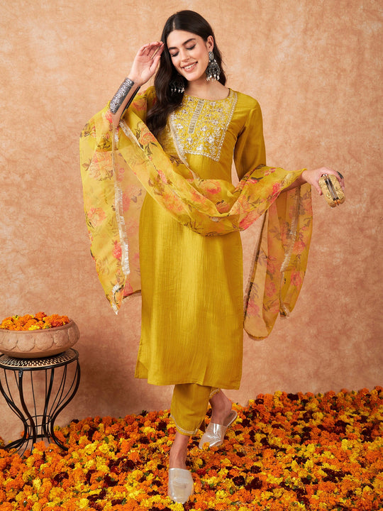 Indo Era Yellow Embroidered Straight Kurta Trousers With Dupatta Set