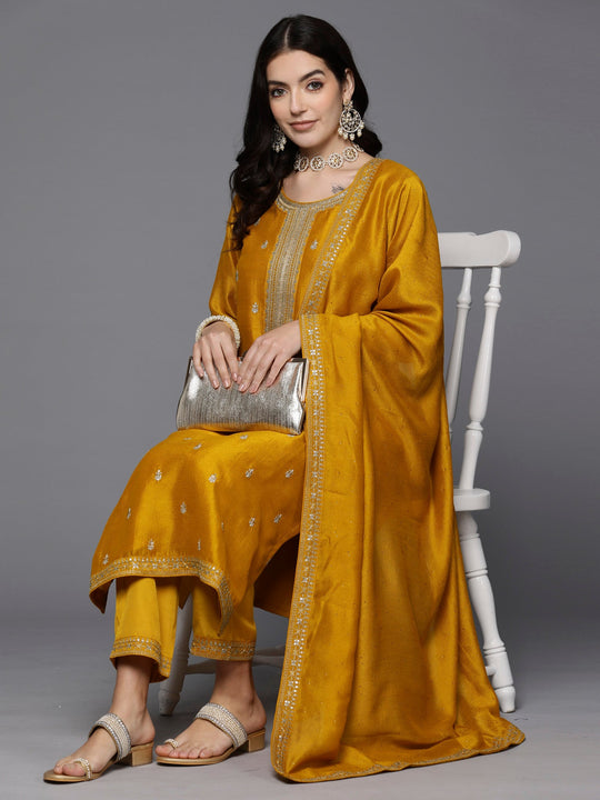 Indo Era Yellow Embroidered Straight Kurta Trousers With Dupatta Set