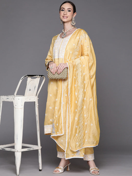 Indo Era Yellow Embroidered Straight Kurta Trousers With Dupatta Set