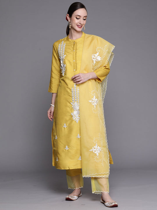 Indo Era Yellow Embroidered Straight Kurta Trousers With Dupatta Set