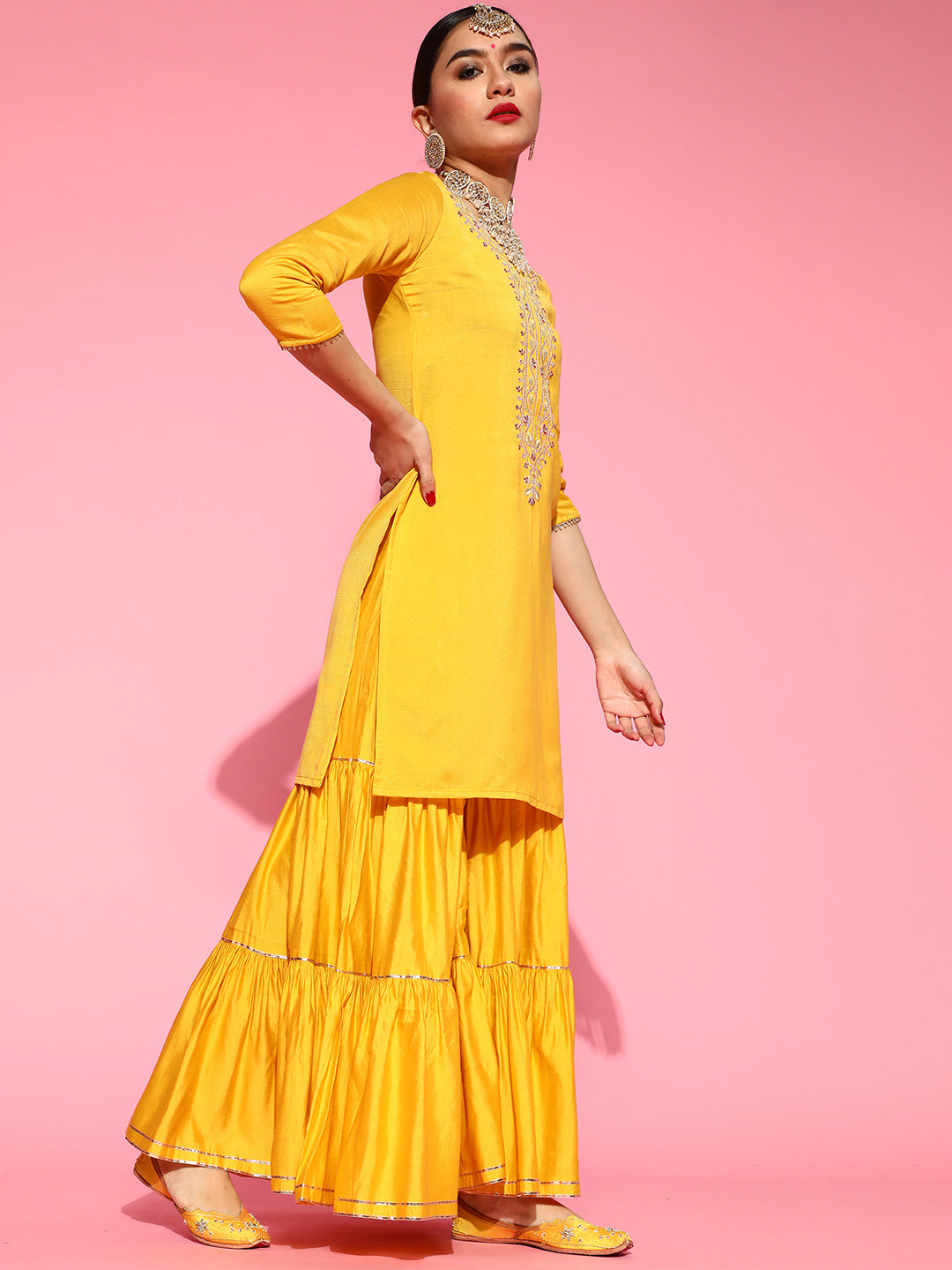 Yellow Kurta Sets  For women,indo era, indoera, kurta set for women, women kurta set, women suit, summer wear for women, festive suit for women, mother's day outfit, dress for mother, mother's day special, kurta set for women, kurta for women, kurta trouser and dupatta