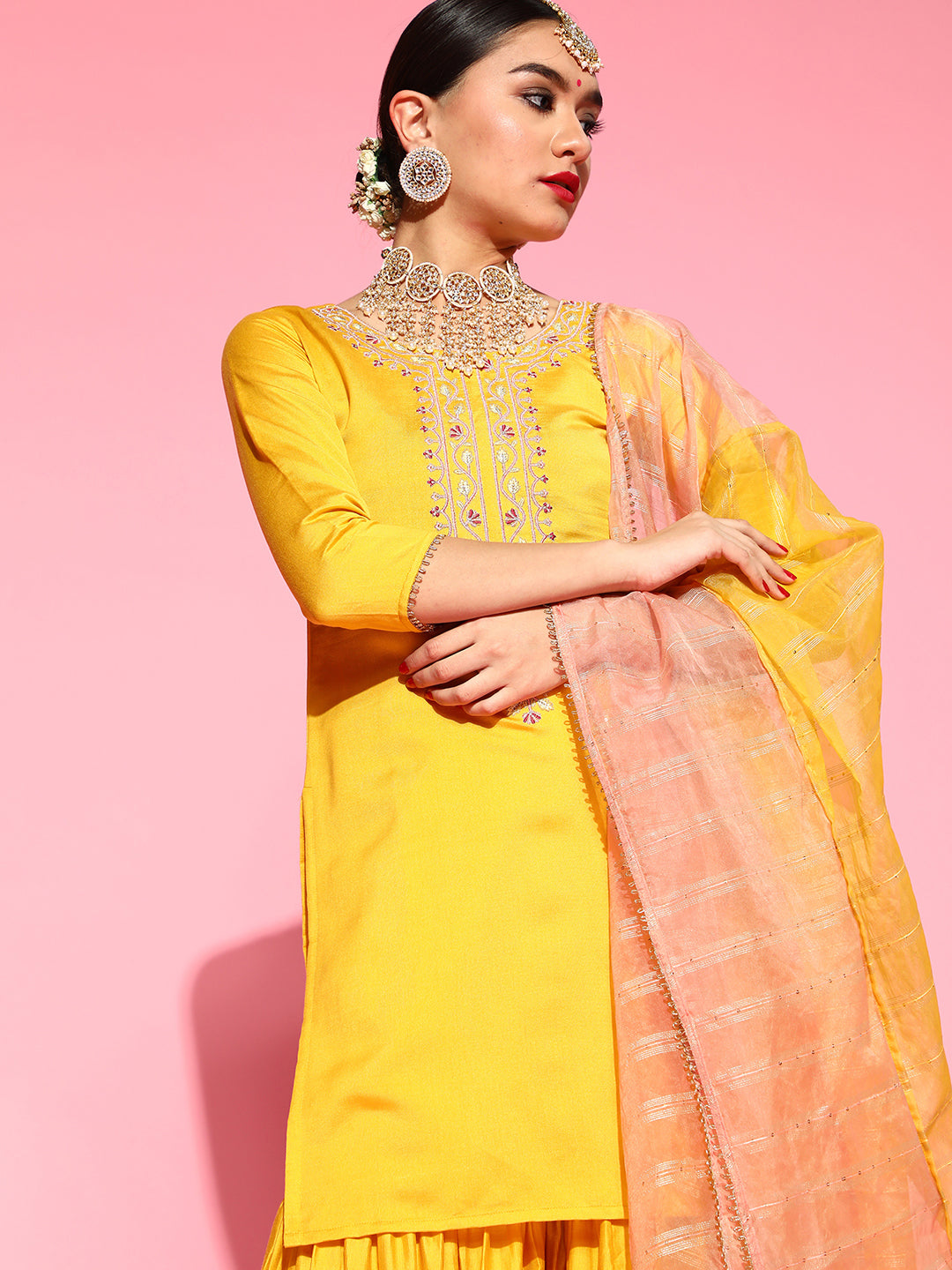 Yellow Kurta Sets  For women,indo era, indoera, kurta set for women, women kurta set, women suit, summer wear for women, festive suit for women, mother's day outfit, dress for mother, mother's day special, kurta set for women, kurta for women, kurta trouser and dupatta
