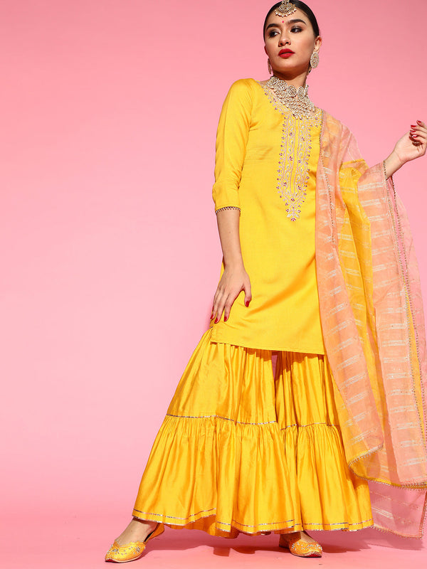 Yellow Kurta Sets  For women,indo era, indoera, kurta set for women, women kurta set, women suit, summer wear for women, festive suit for women, mother's day outfit, dress for mother, mother's day special, kurta set for women, kurta for women, kurta trouser and dupatta