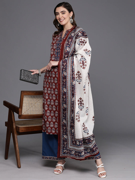 Indo Era Maroon Printed Straight Kurta Palazzos With Dupatta Set