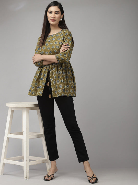 Indo Era Green Floral Printed A-line Kurtis