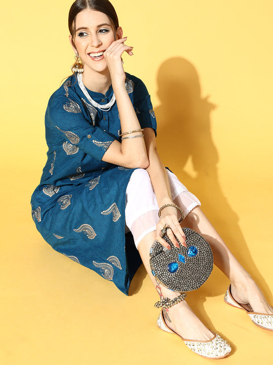 Indo Era Blue Printed Asymmetric Kurta With Trouser Set