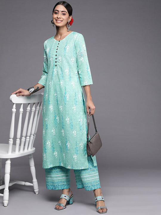 Indo Era Sea Green Printed Straight Kurta Palazzo Set