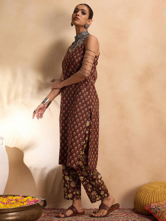 Indo Era Brown Printed Straight Kurta Trousers set