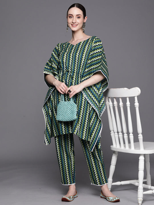 Indo Era Green Printed Kaftan Kurta Trousers Set