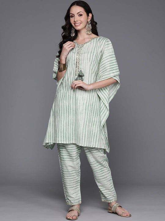 Indo Era Green Printed Kaftan Kurta With Trousers Set
