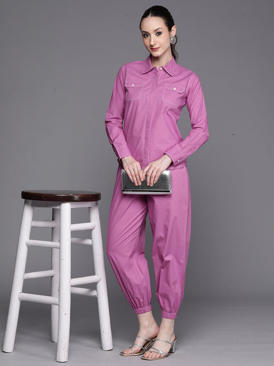 Indo Era Lavender solid Shirt with Joggers