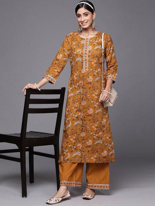 Indo Era Mustard Printed Straight Kurta Palazzos Sets