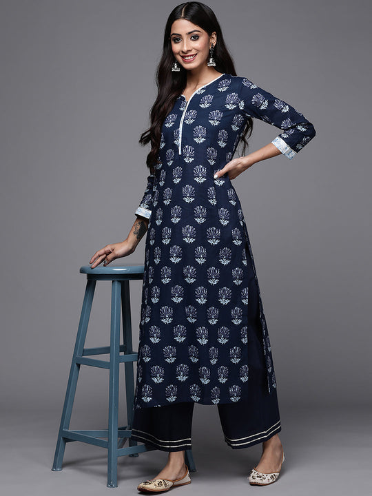 Indo Era Navy Blue Solid Kurta Palazzo Set