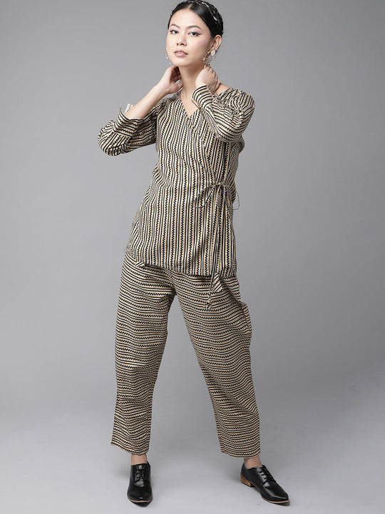 Indo Era Off White Printed A-Line Kurta with Pant Set