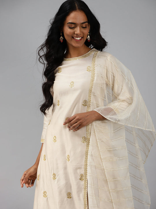 Indo Era Off White Schiffli A-line Kurta With Palazzo Set