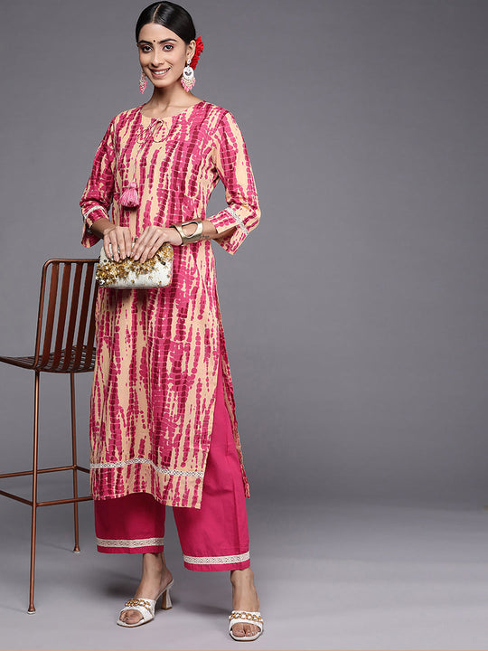 Indo Era Pink Tie & Dye Straight Kurta Palazzo Set