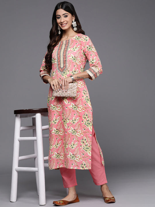 Indo Era Pink Printed Straight Kurta Palazzos Set