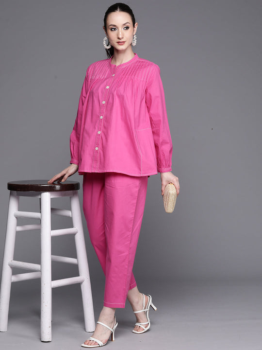 Indo Era Pink solid Shirt with Trousers
