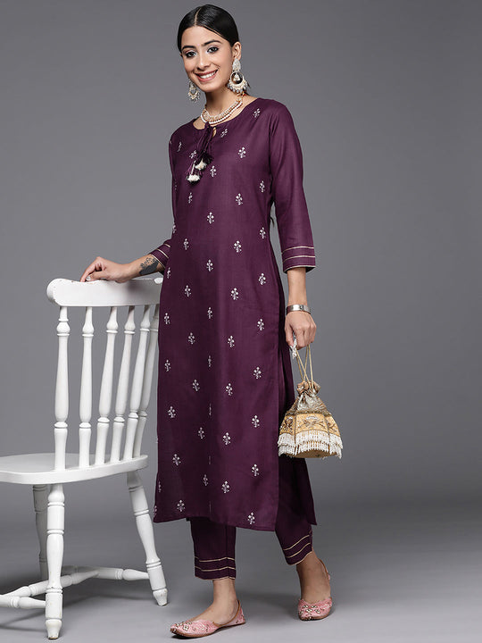 Indo Era Purple Embroidered Straight Kurta Trousers Set