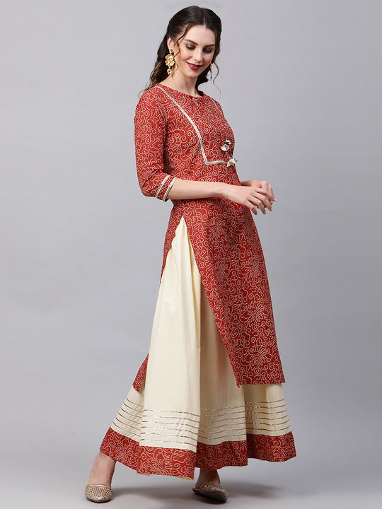 Indo Era Red Bandhani Printed Straight Kurta Skirt Set