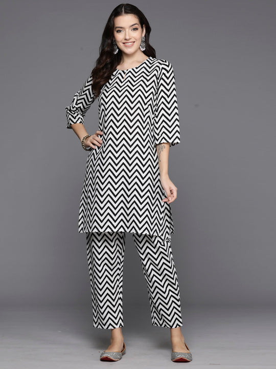 Indo Era White Printed Straight Kurta Trousers  Set