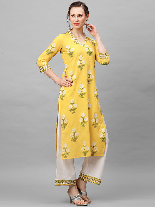 Indo Era Yellow Printed Straight Kurta With Palazzo Set