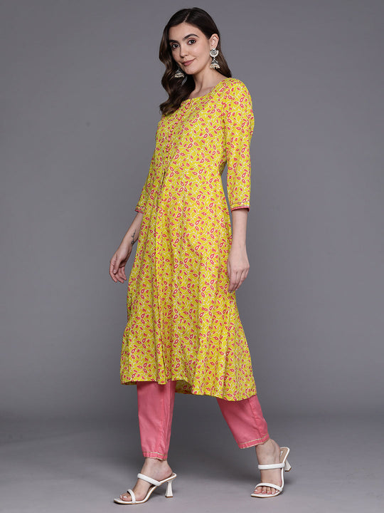 Indo Era Yellow Printed A-Line Kurta Trousers Set