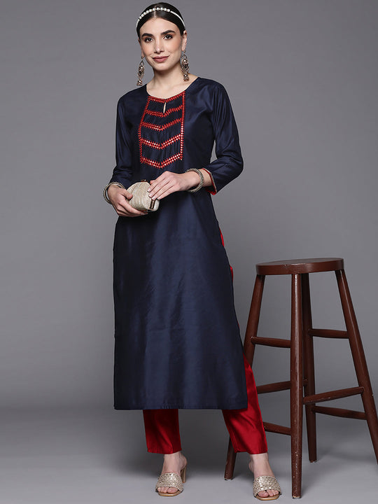 Indo Era Blue Embroidered Straight Kurta Palazzo Set