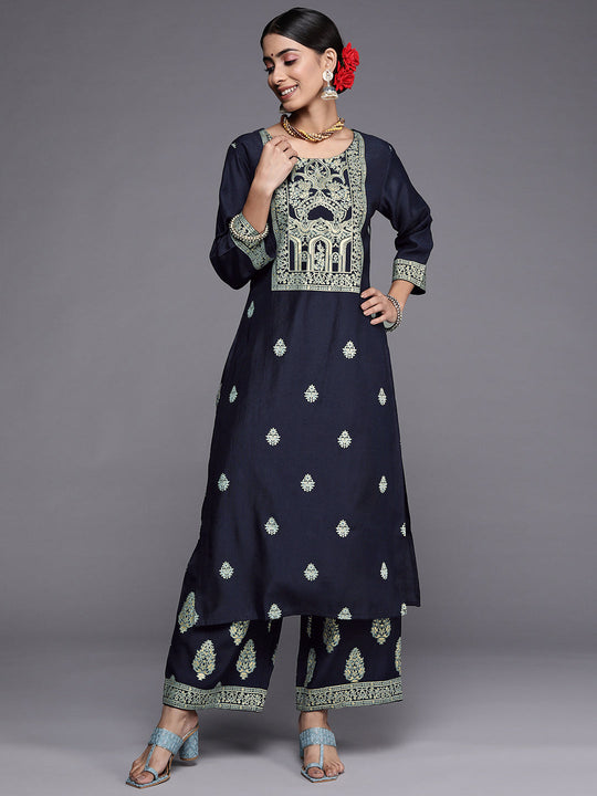 Indo Era Navy Blue Straight Kurta With Trousers Set