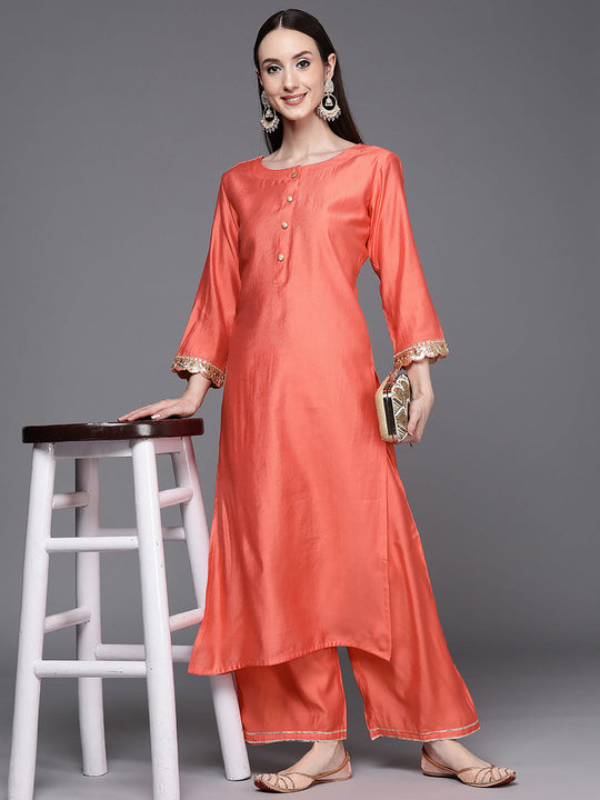 Indo Era Pink Embroidered Straight Kurta Trousers Set