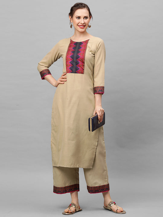 Indo Era Beige Solid Straight Kurta with Palazzo Sets