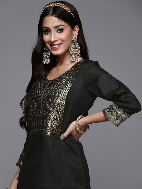 Indo Era Solid Black Straight Kurta Palazzo Sets