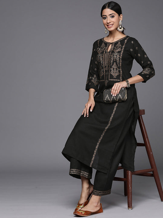 Indo Era Black Printed Straight Kurta Palazzos Set