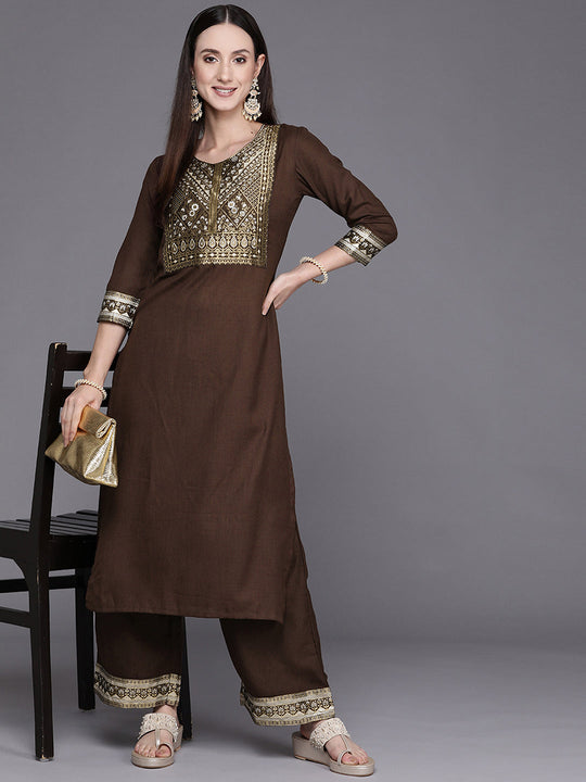 Indo Era Solid Brown Straight Kurta Palazzo Sets