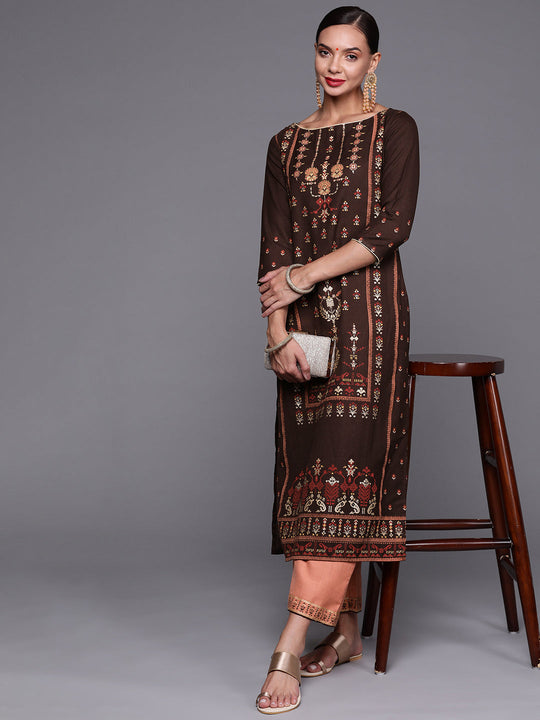 Indo Era Brown Foil Printed Straight Kurta With Palazzo Set