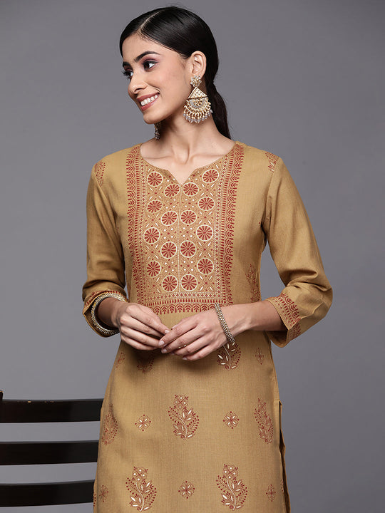 Indo Era Brown Foil Printed Straight Kurta Palazzo Sets