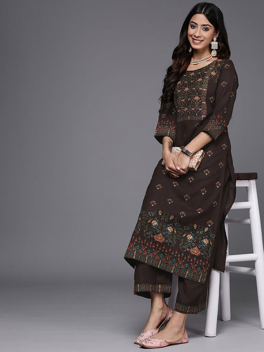 Indo Era Brown Printed Straight Kurta Palazzos Set