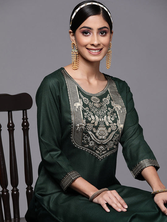 Indo Era Solid Green Straight Kurta Palazzo Sets
