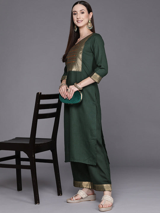 Indo Era Solid Green Straight Kurta Palazzo Sets